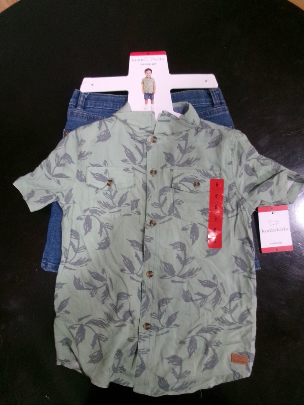 Koala Kids Green Leaf Print Button-Up Shirt with Blue Denim Shorts